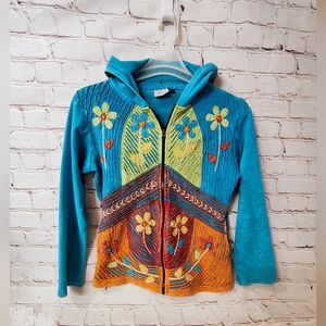 Greater Good Network Embroidered Blue Floral Colorful Zip Bohemian Jacket L/XL H